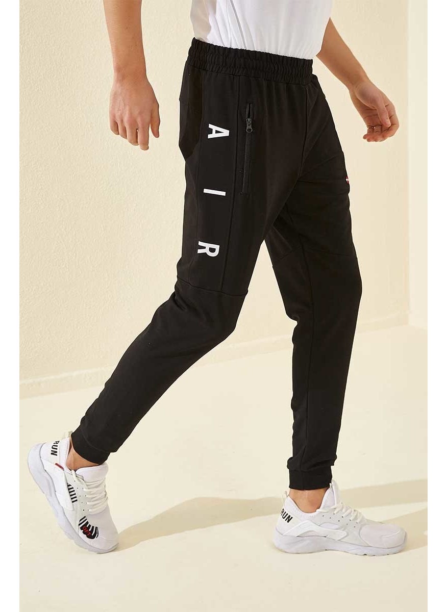 Black-Black Men's Air Printed Zipper Pocket Standard Fit Jogger Tracksuit ALT-84587
