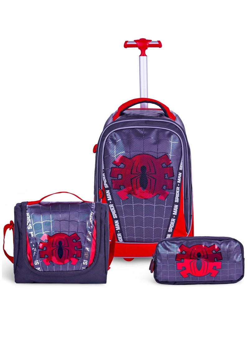 Spiderman  20 Inch Kids Premium 3-in-1 Trolley School Bag Set - Ergonomic Backpack, Insulated Lunch Bag & Pencil Case,Lightweight, Durable, Students 6+ - Perfect for Travel & School,For Boys