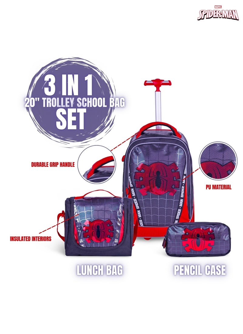 Spiderman  20 Inch Kids Premium 3-in-1 Trolley School Bag Set - Ergonomic Backpack, Insulated Lunch Bag & Pencil Case,Lightweight, Durable, Students 6+ - Perfect for Travel & School,For Boys