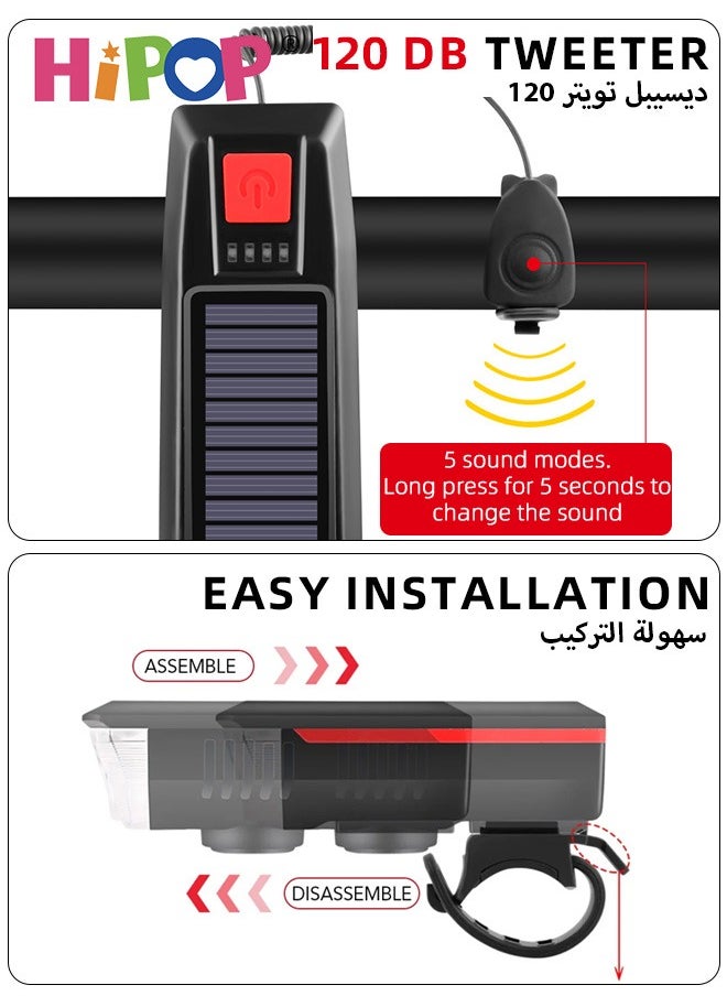 Bike Light Set, Solar and USB Charging Bike Light with High-Decibel Horn for Night Riding, T6 LED Super Bright Bicycle Light with 3 Modes, Waterproof, Headlight, Tail and Wheel Light, Easy to Install