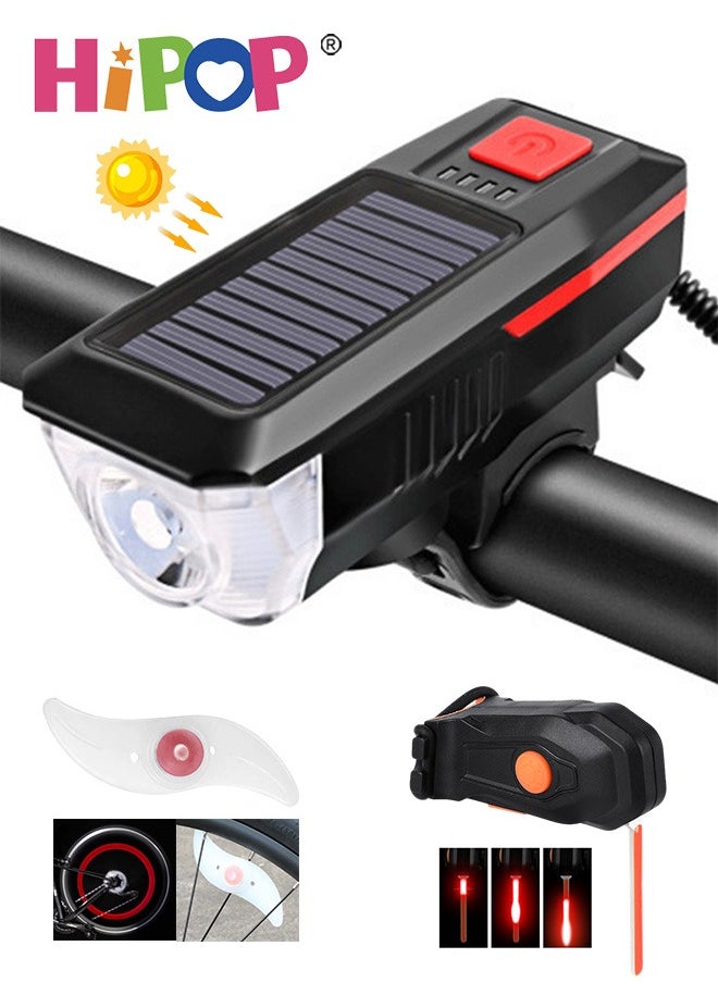 Bike Light Set, Solar and USB Charging Bike Light with High-Decibel Horn for Night Riding, T6 LED Super Bright Bicycle Light with 3 Modes, Waterproof, Headlight, Tail and Wheel Light, Easy to Install