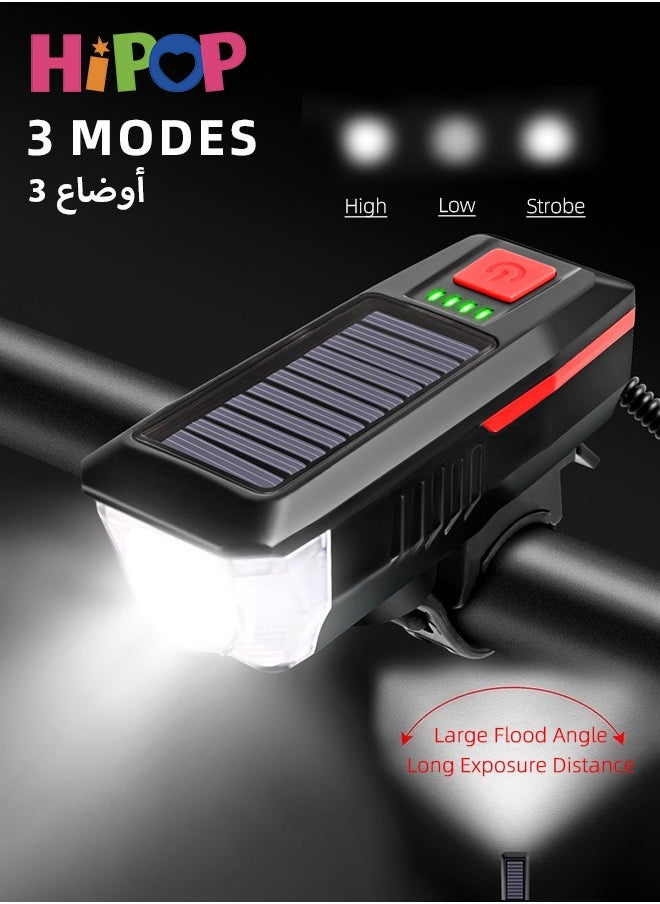 Bike Light Set, Solar and USB Charging Bike Light with High-Decibel Horn for Night Riding, T6 LED Super Bright Bicycle Light with 3 Modes, Waterproof, Headlight, Tail and Wheel Light, Easy to Install