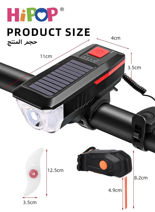 Bike Light Set, Solar and USB Charging Bike Light with High-Decibel Horn for Night Riding, T6 LED Super Bright Bicycle Light with 3 Modes, Waterproof, Headlight, Tail and Wheel Light, Easy to Install