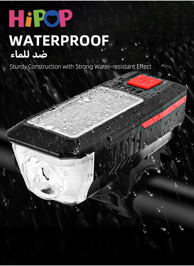 Bike Light Set, Solar and USB Charging Bike Light with High-Decibel Horn for Night Riding, T6 LED Super Bright Bicycle Light with 3 Modes, Waterproof, Headlight, Tail and Wheel Light, Easy to Install