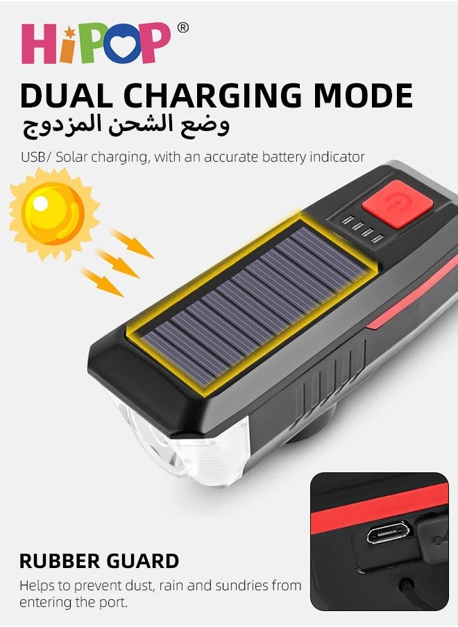 Bike Light Set, Solar and USB Charging Bike Light with High-Decibel Horn for Night Riding, T6 LED Super Bright Bicycle Light with 3 Modes, Waterproof, Headlight, Tail and Wheel Light, Easy to Install