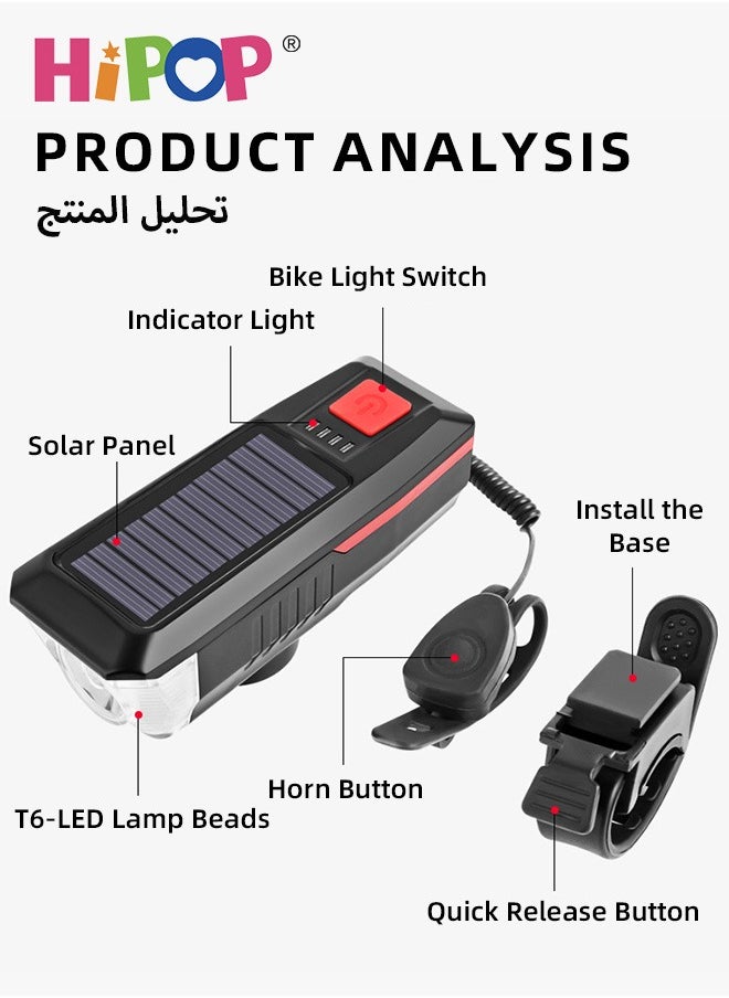 Bike Light Set, Solar and USB Charging Bike Light with High-Decibel Horn for Night Riding, T6 LED Super Bright Bicycle Light with 3 Modes, Waterproof, Headlight, Tail and Wheel Light, Easy to Install