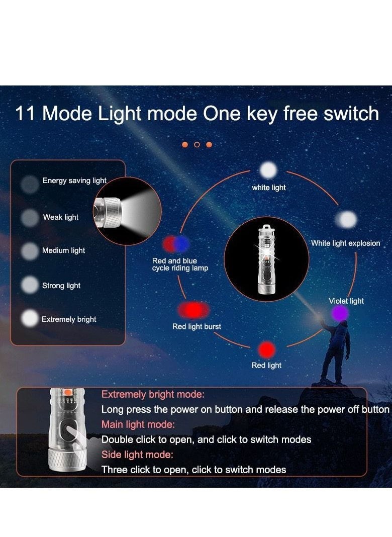 Mini Outdoor Camping Searchlight TYPE-C Rechargeable Mini Portable LED Flashlight Keychain Flashlight 11 Lighting Modes