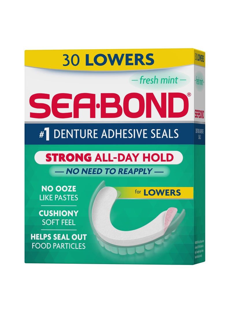 Sea Bond Secure Denture Adhesive Seals, Fresh Mint Lowers, Zinc-Free, All-Day-Hold, Mess-Free, 30 Count (Pack of 1)