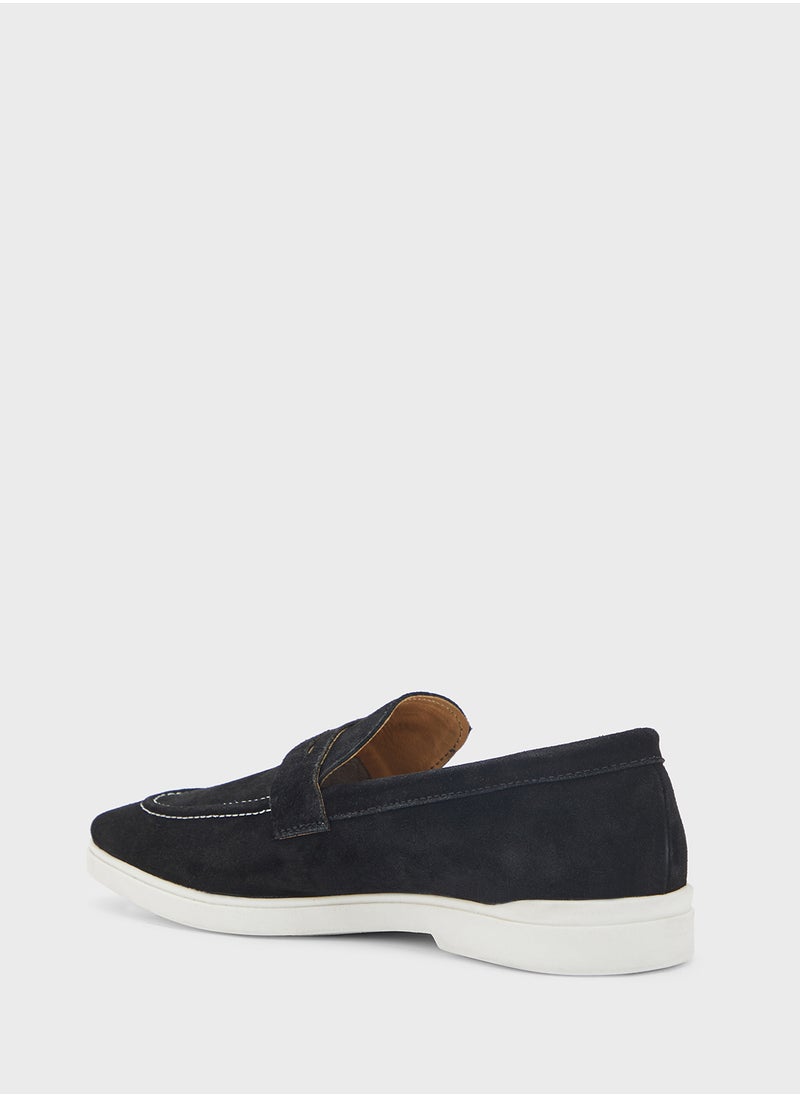 Genuine Suede Leather Saddle Detail Casual Slip On Loafers