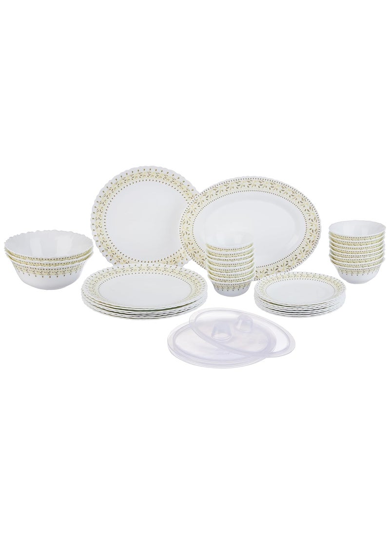 Larah by Borosil Ora Gold Fluted Series Opalware Dinner Set | 36 Pieces for Family of 8 | Microwave & Dishwasher Safe | Bone-Ash Free | Crockery Set for Dining & Gifting | Plates & Bowls | White