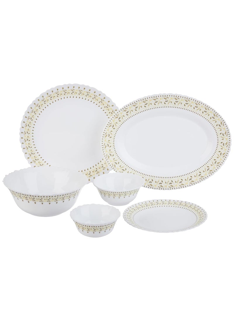 Larah by Borosil Ora Gold Fluted Series Opalware Dinner Set | 36 Pieces for Family of 8 | Microwave & Dishwasher Safe | Bone-Ash Free | Crockery Set for Dining & Gifting | Plates & Bowls | White