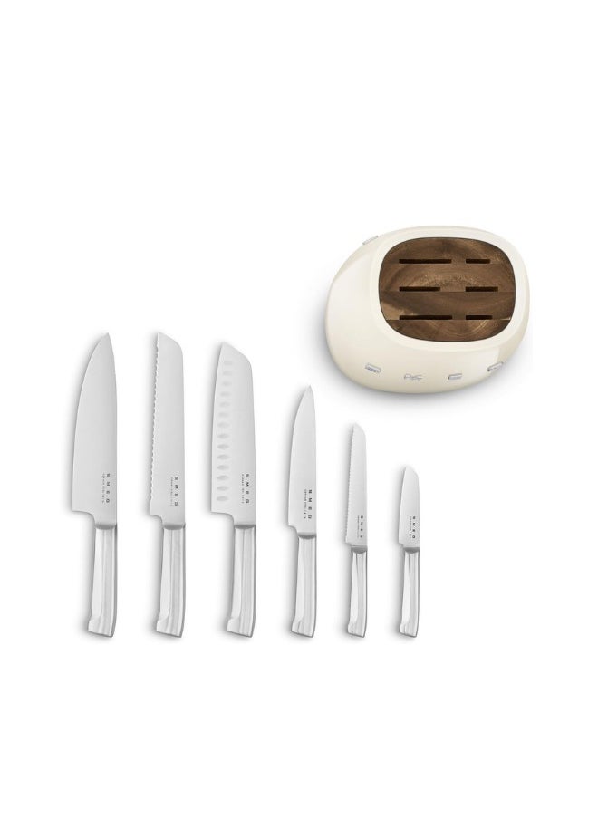 Smeg, KBSF02CR Knife Block, 6 Knives Included in Stainless Steel, Stainless Steel Block Body and Knife Slot, Acacia Wood, Cream