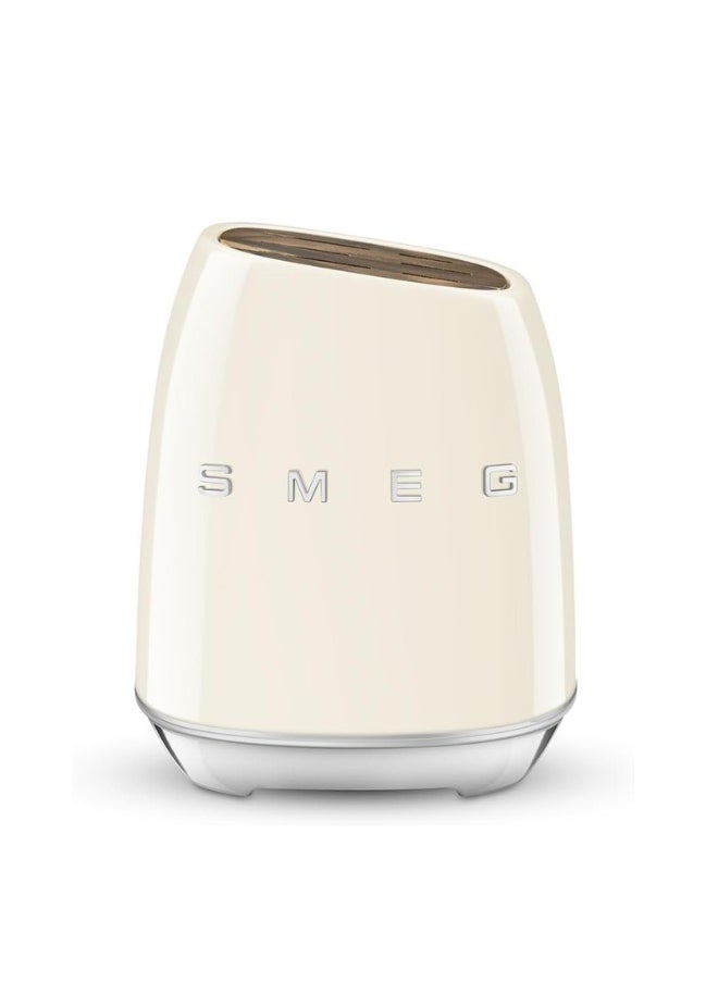 Smeg, KBSF02CR Knife Block, 6 Knives Included in Stainless Steel, Stainless Steel Block Body and Knife Slot, Acacia Wood, Cream