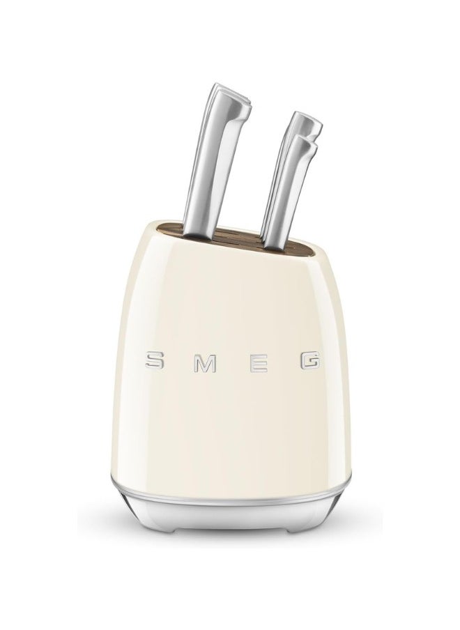 Smeg, KBSF02CR Knife Block, 6 Knives Included in Stainless Steel, Stainless Steel Block Body and Knife Slot, Acacia Wood, Cream