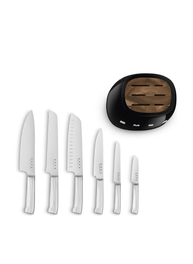 Smeg, Knife Block, KBSF02BL, 6 Knives Included Stainless Steel, Stainless Steel Block Body and Knife Slot in Acacia Wood, Black
