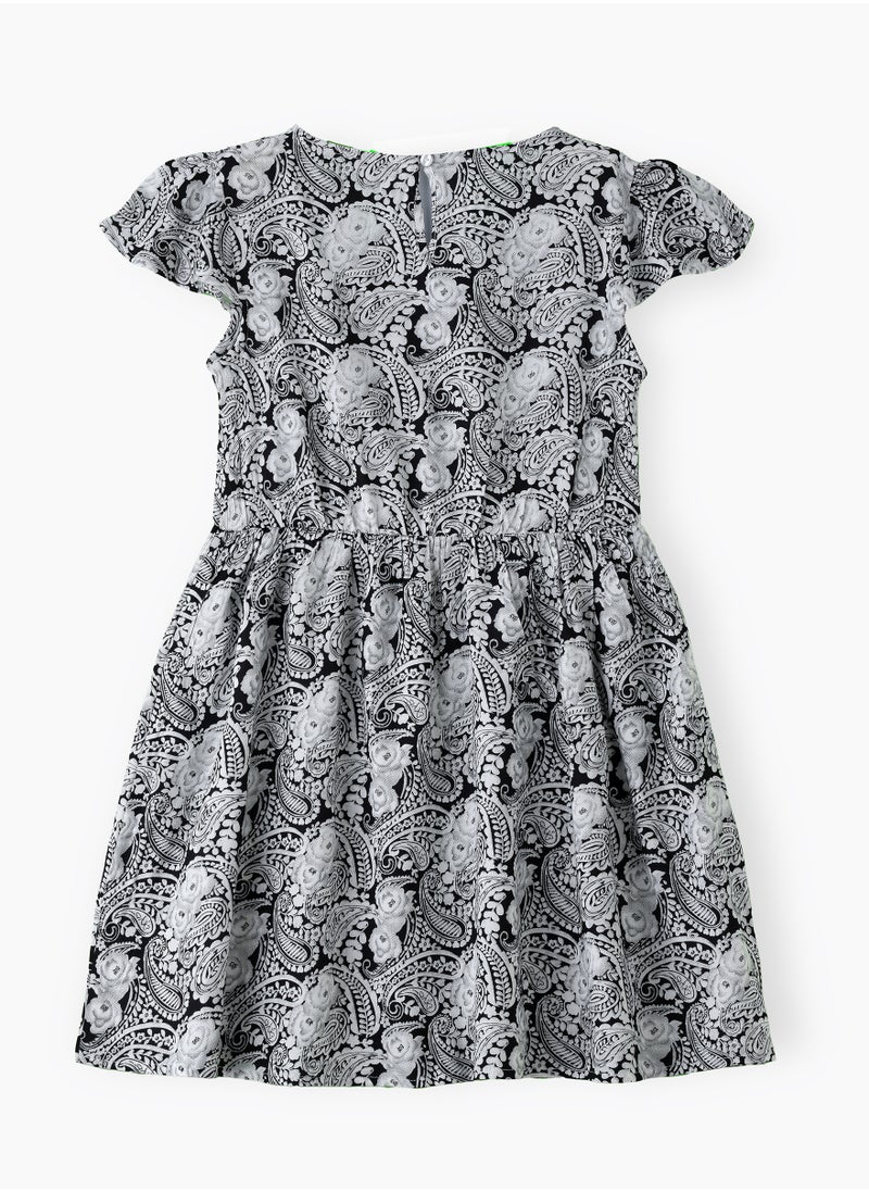 Girls' Black & White Paisley Printed Viscose Dress