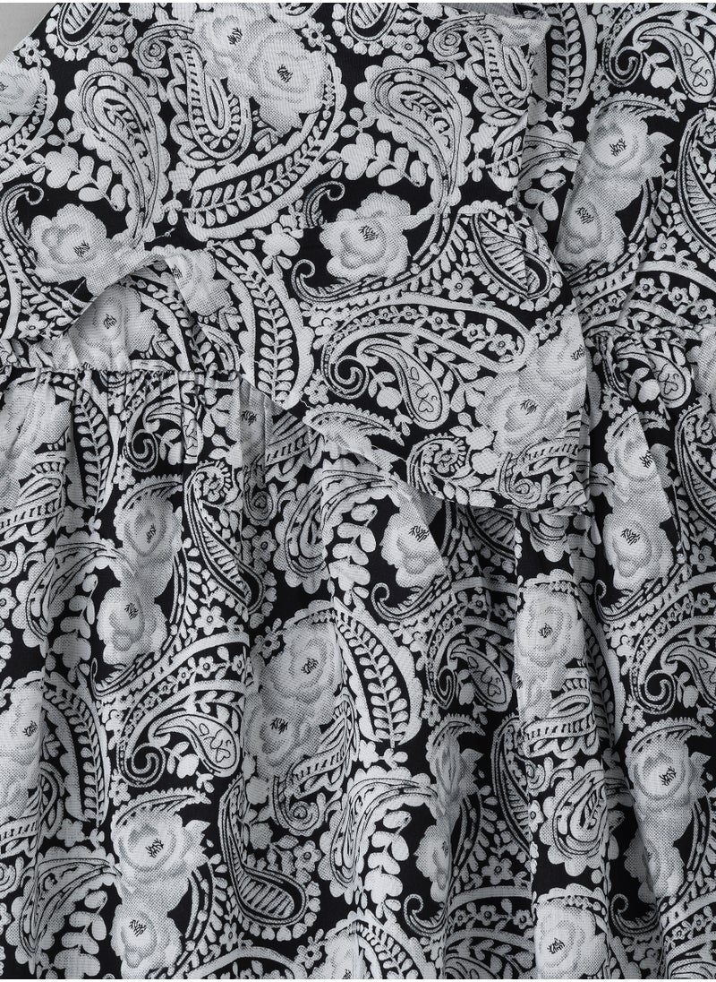 Girls' Black & White Paisley Printed Viscose Dress