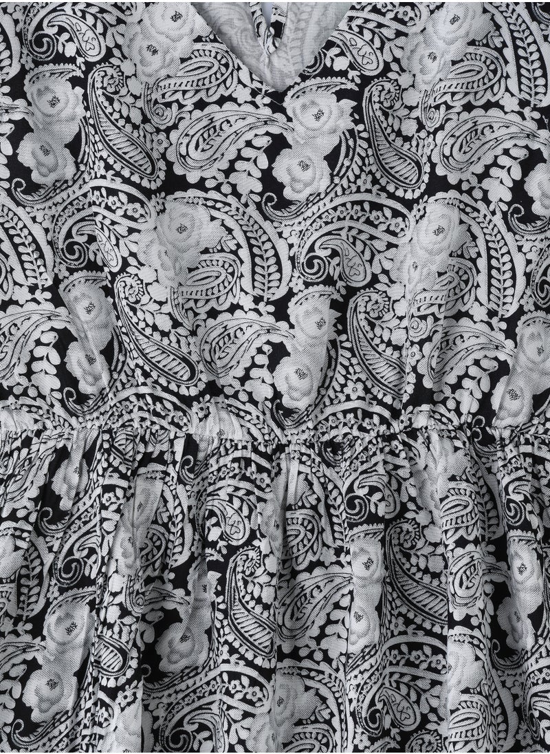 Girls' Black & White Paisley Printed Viscose Dress