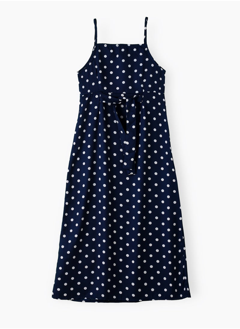 Girls' Navy Blue Polka Dot Spaghetti Strap Maxi Dress