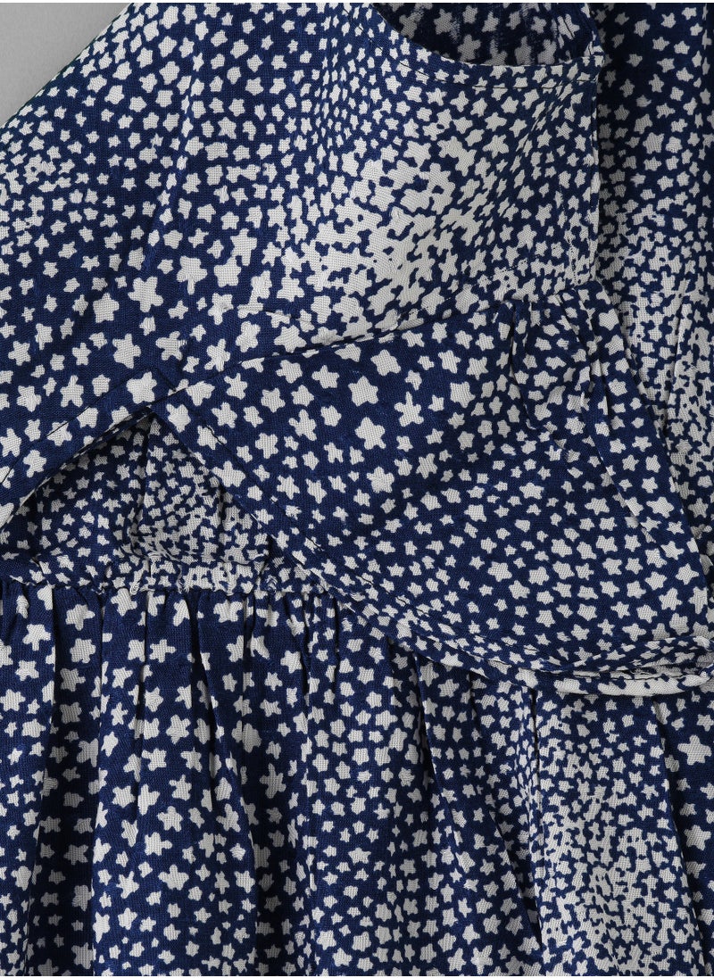 Girls' Navy Blue Printed Viscose Dress with Flutter Sleeves