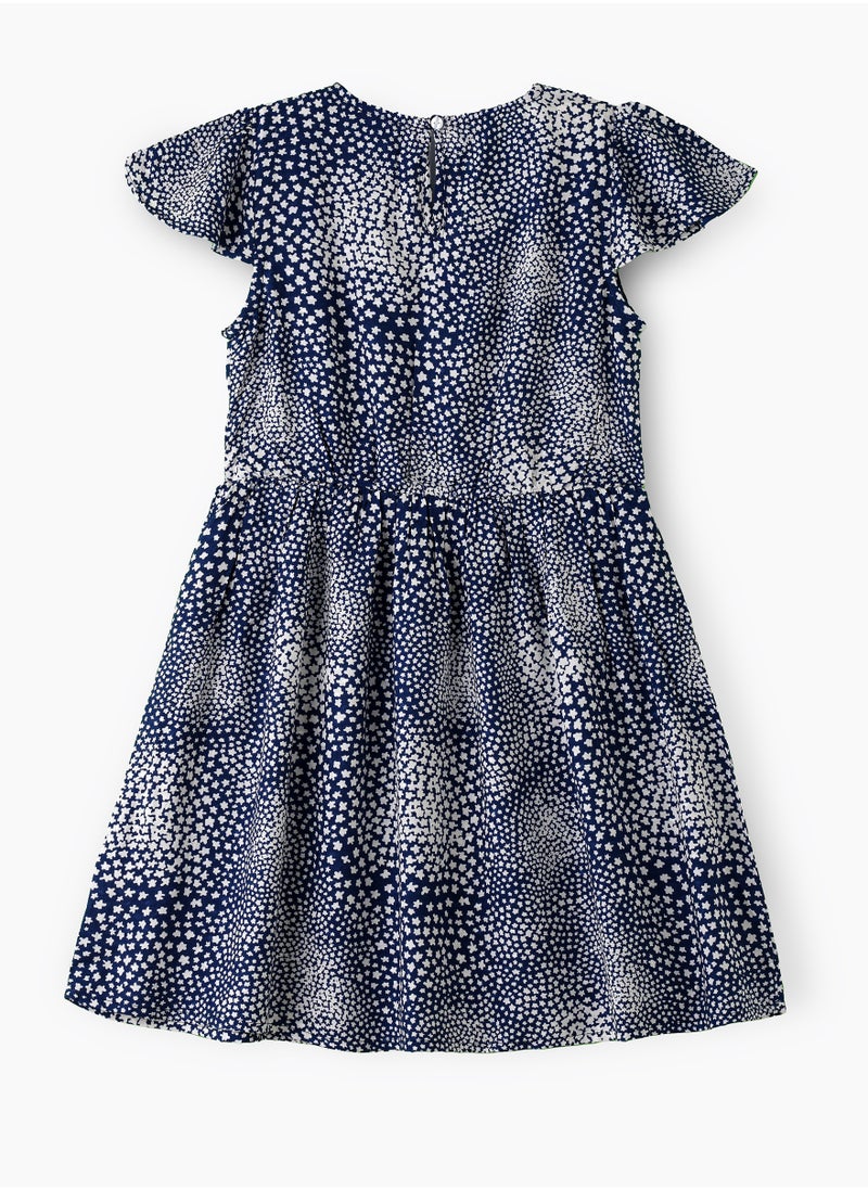 Girls' Navy Blue Printed Viscose Dress with Flutter Sleeves