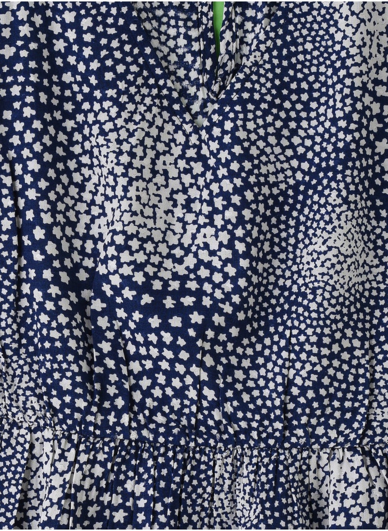 Girls' Navy Blue Printed Viscose Dress with Flutter Sleeves
