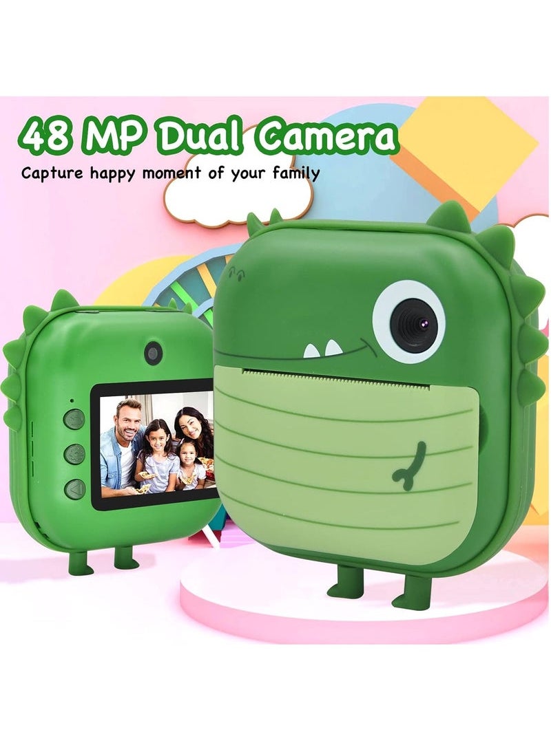 Children's Camera, Instant Print Crocodile-shape Camera, 2.4-inch Screen Dual Lens 1080P HD Video Camera Comes with 32GB TF Card, as Gifts for Kid from 3 to 14 Years (Green)