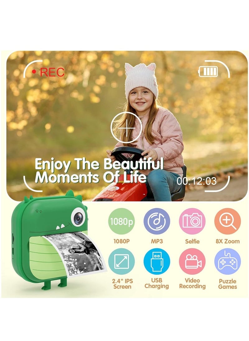 Children's Camera, Instant Print Crocodile-shape Camera, 2.4-inch Screen Dual Lens 1080P HD Video Camera Comes with 32GB TF Card, as Gifts for Kid from 3 to 14 Years (Green)
