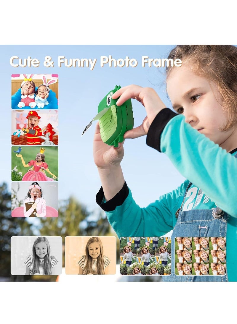 Children's Camera, Instant Print Crocodile-shape Camera, 2.4-inch Screen Dual Lens 1080P HD Video Camera Comes with 32GB TF Card, as Gifts for Kid from 3 to 14 Years (Green)