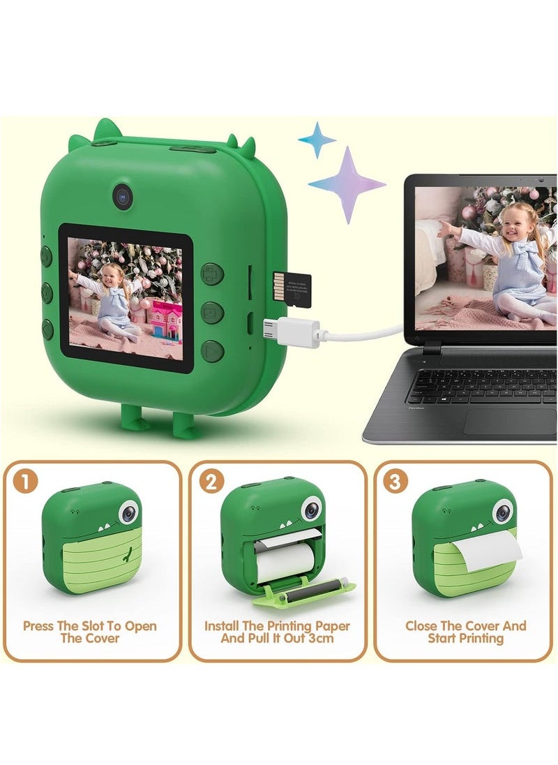 Children's Camera, Instant Print Crocodile-shape Camera, 2.4-inch Screen Dual Lens 1080P HD Video Camera Comes with 32GB TF Card, as Gifts for Kid from 3 to 14 Years (Green)