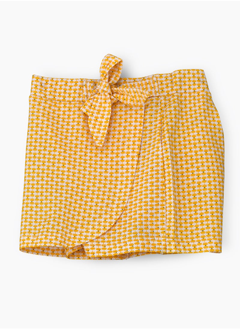 Girls' Cotton Knit Wrap Skort with Bow Tie – Yellow & White