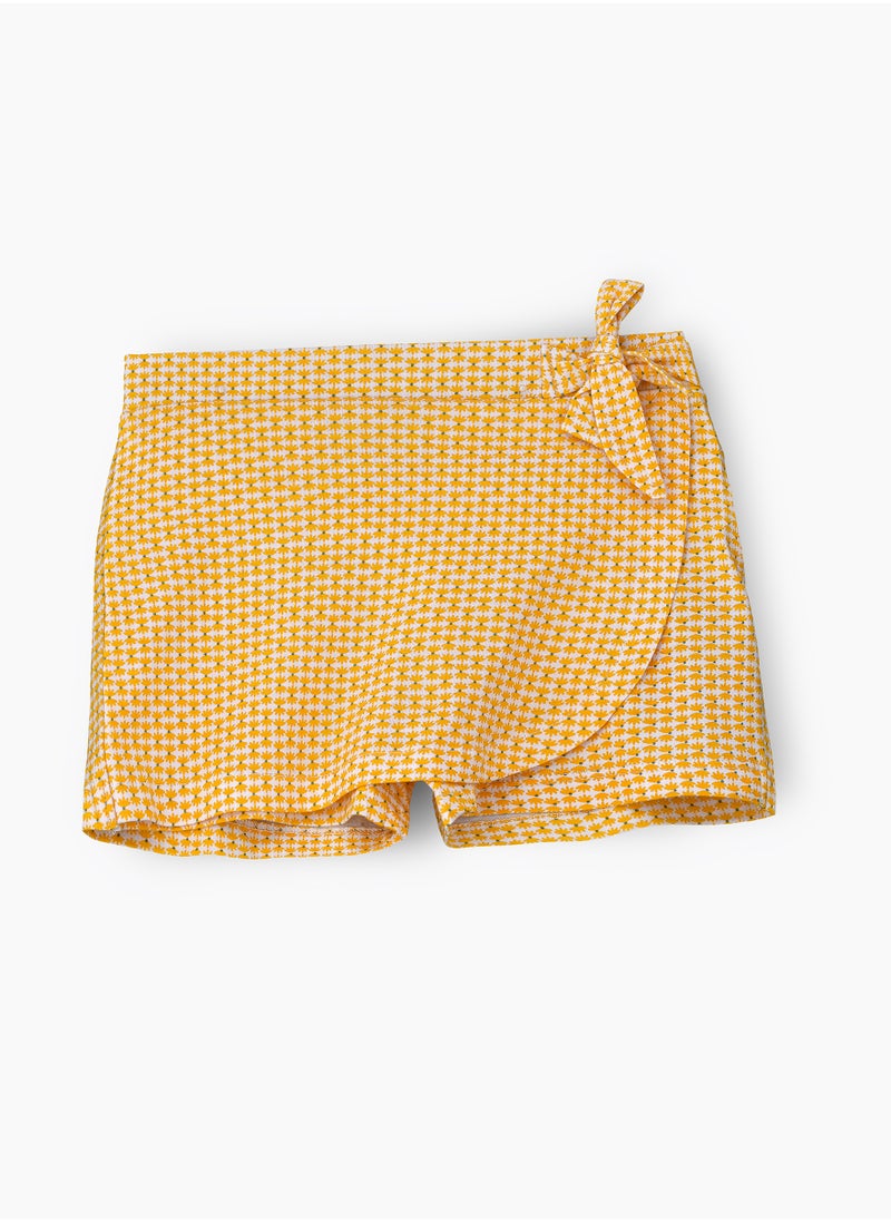 Girls' Cotton Knit Wrap Skort with Bow Tie – Yellow & White