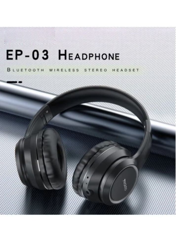EP03 Bluetooth Wireless Foldable Headphones with HD Hi-Fi Stereo Sound, BT 5.3 Connectivity, Noise Isolation, Built-in Microphone & Micro USB Charging – Lightweight, Over-Ear, Foldable Design for Travel, Work & Gaming – Black
