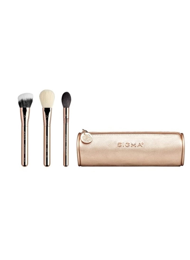 Sigma Beauty Bloom + Glow Makeup Brush Set – Set of 3 Face Makeup Brushes for Blush, Contour, Bronzer, and Highlighter, Includes Stylish Rose Gold Small Makeup Bag (4 Pcs)