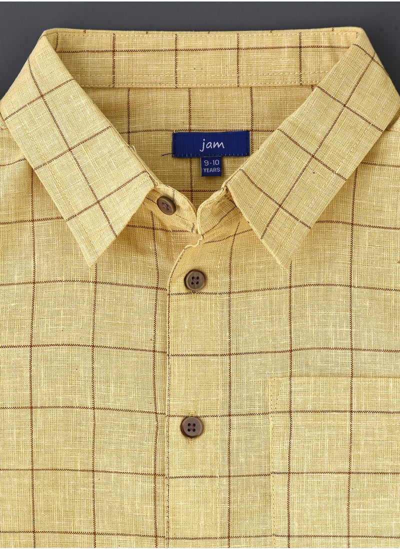 Boys' Yellow Checked Cotton Long Sleeve Shirt
