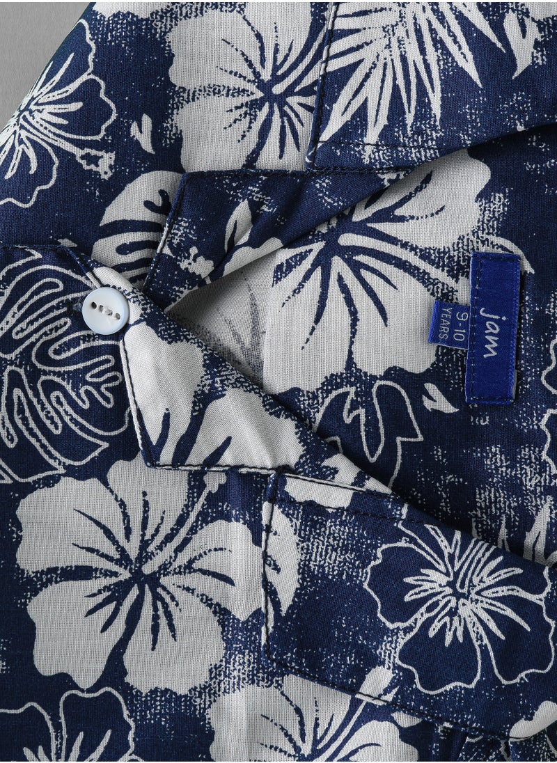 Boys' Navy Blue Floral Print Cotton Shirt