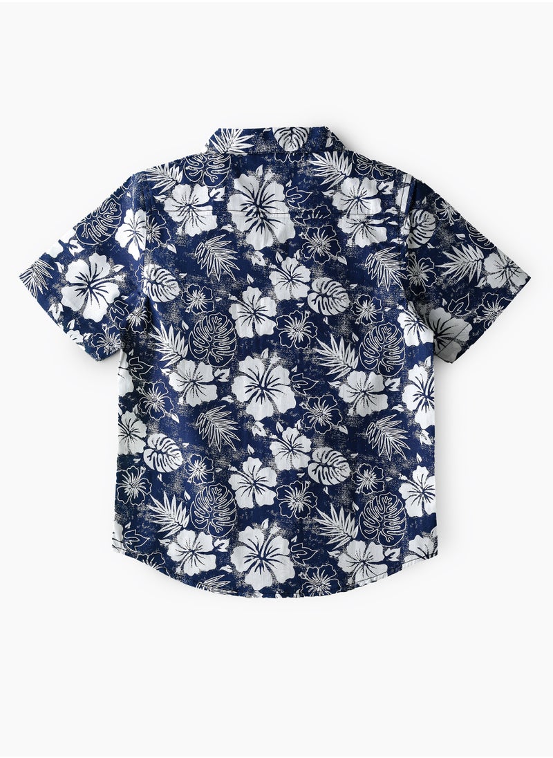 Boys' Navy Blue Floral Print Cotton Shirt