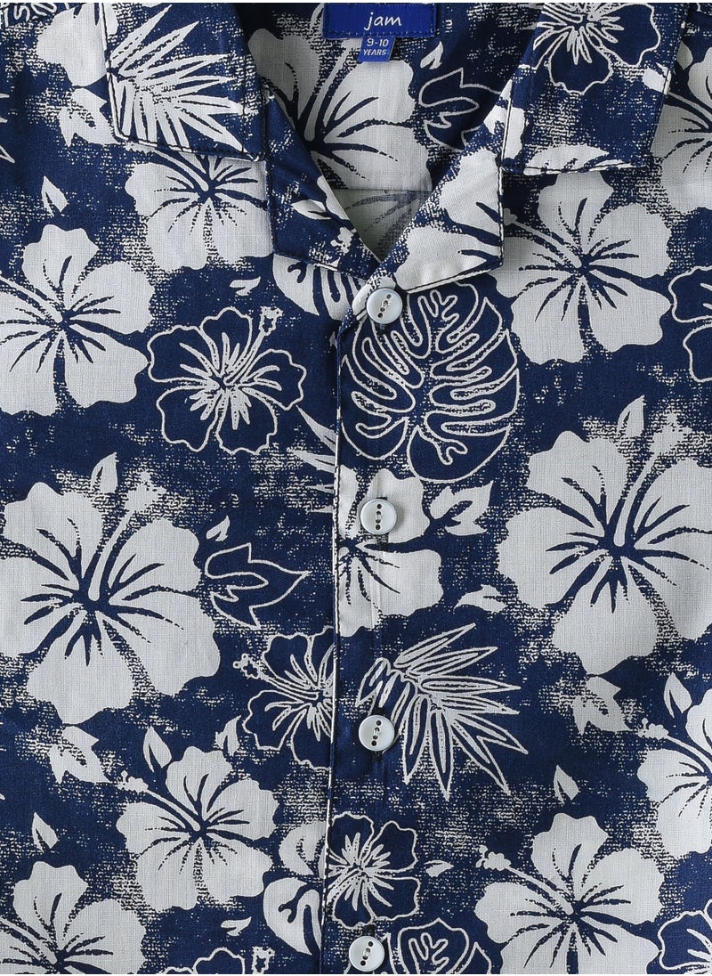 Boys' Navy Blue Floral Print Cotton Shirt