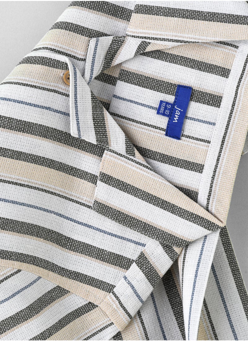 Boys' Beige and Olive Striped Cotton Casual Shirt