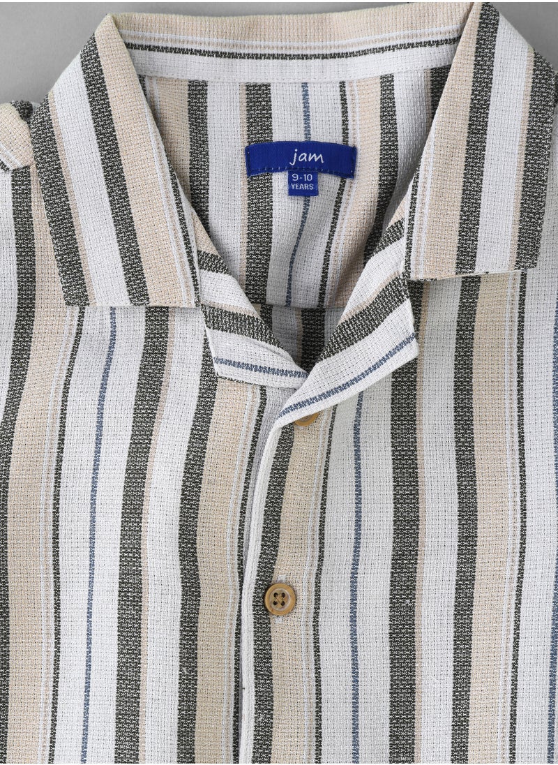 Boys' Beige and Olive Striped Cotton Casual Shirt