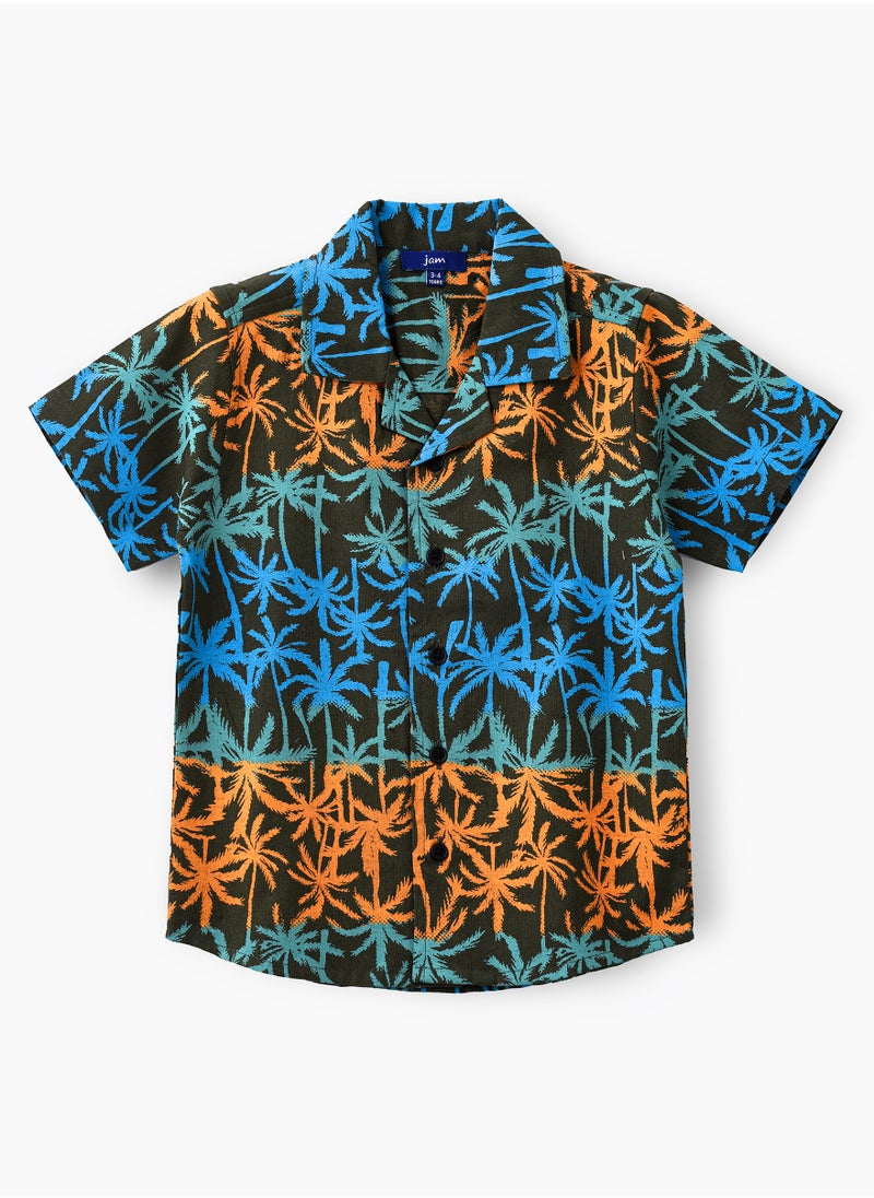 Boys' Tropical Print Linen Shirt with Camp Collar