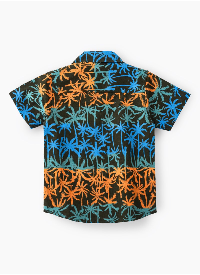 Boys' Tropical Print Linen Shirt with Camp Collar