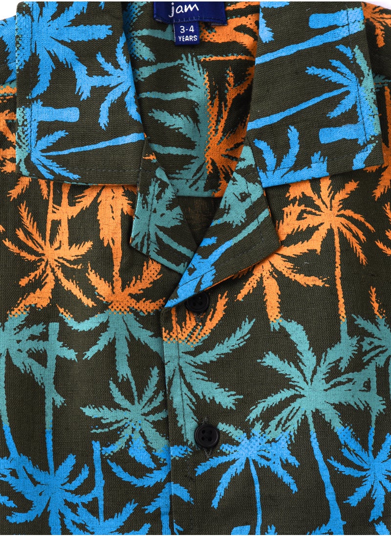 Boys' Tropical Print Linen Shirt with Camp Collar