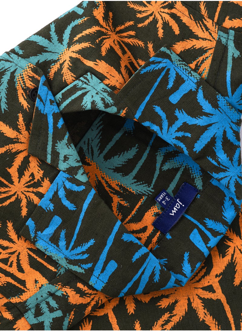 Boys' Tropical Print Linen Shirt with Camp Collar