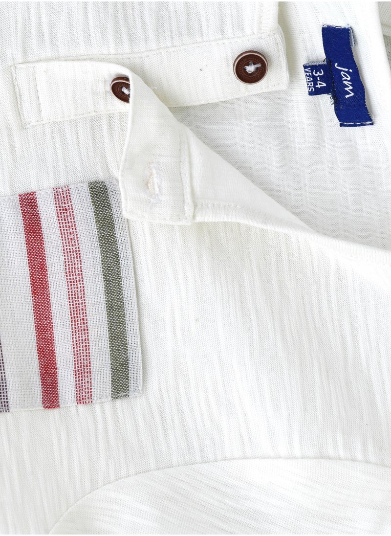 Boys' White Slub Cotton Henley T-Shirt with Striped Pocket