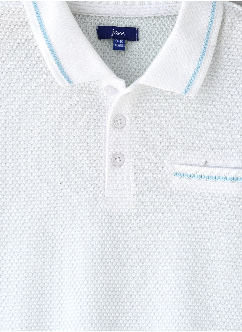 Boys' White Textured Cotton Polo Shirt with Blue Tipping