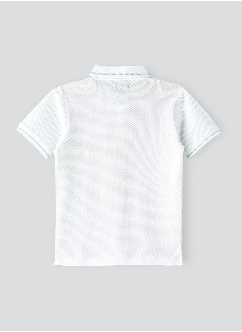 Boys' White Textured Cotton Polo Shirt with Blue Tipping