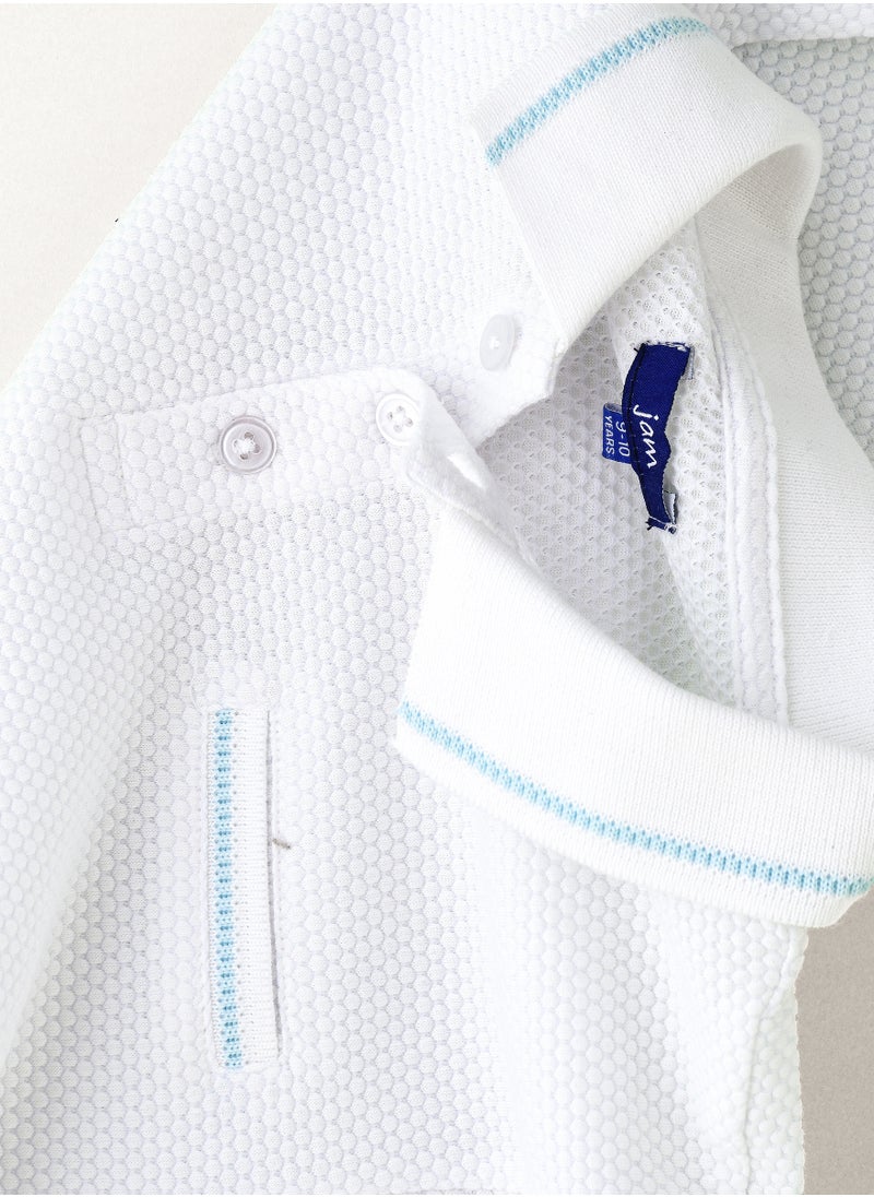 Boys' White Textured Cotton Polo Shirt with Blue Tipping