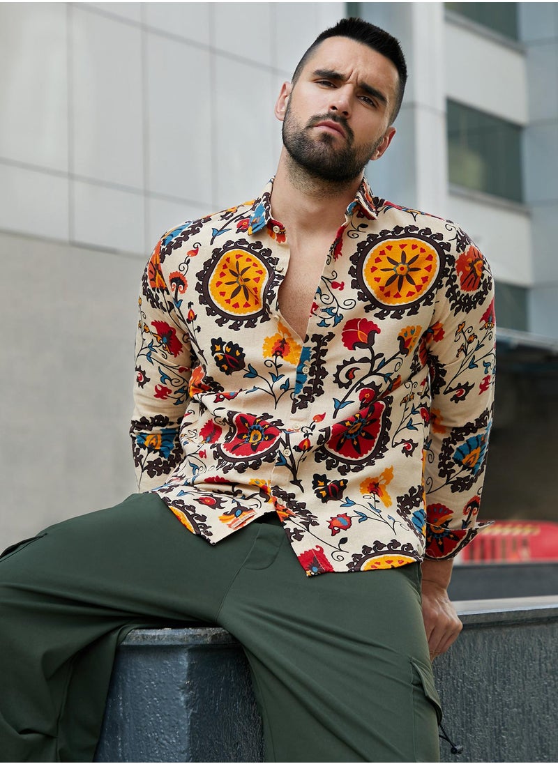 Campus Sutra Men's Multicolour Ethnic Floral Shirt For Casual Wear | Spread Collar | Long Sleeve | Button Closure | Cotton Shirt Crafted With Comfort Fit For Everyday Wear