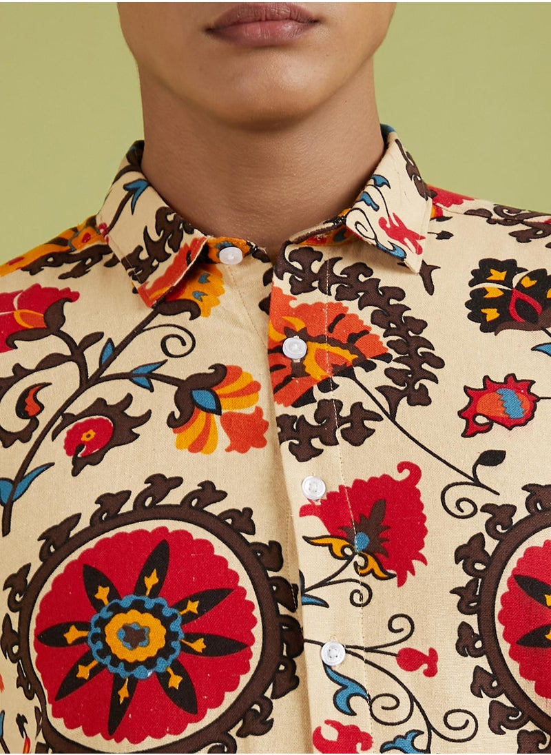 Campus Sutra Men's Multicolour Ethnic Floral Shirt For Casual Wear | Spread Collar | Long Sleeve | Button Closure | Cotton Shirt Crafted With Comfort Fit For Everyday Wear
